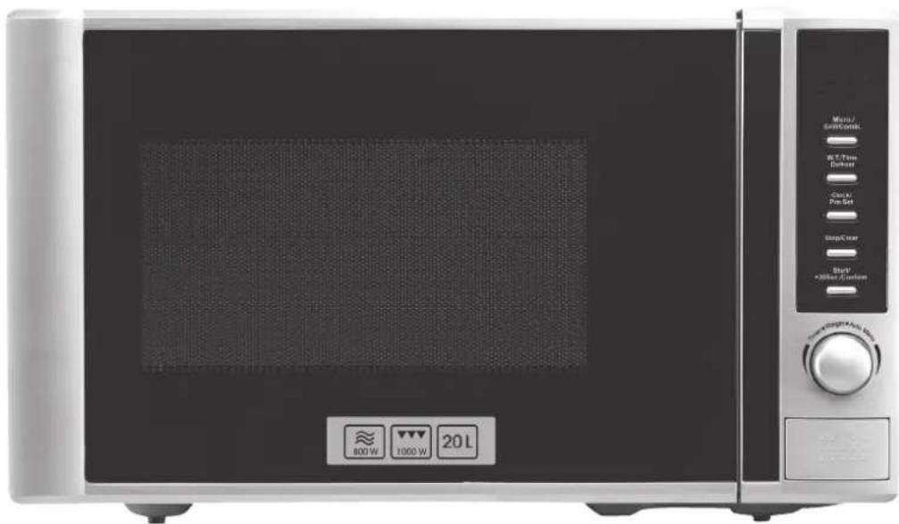 Front view of a modern microwave oven with control panel and indicator lights (no readable text or symbols beyond basic design)