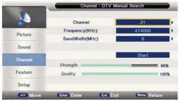 Channel - DTV Manual Search Channel 21 Frequency(KHz): 474000 Bandwidth(MHz): 8 Start Strength 66% Quality 100% Move Enter Enter Exit Exit Menu Return Picture Sound Channel Feature Setup