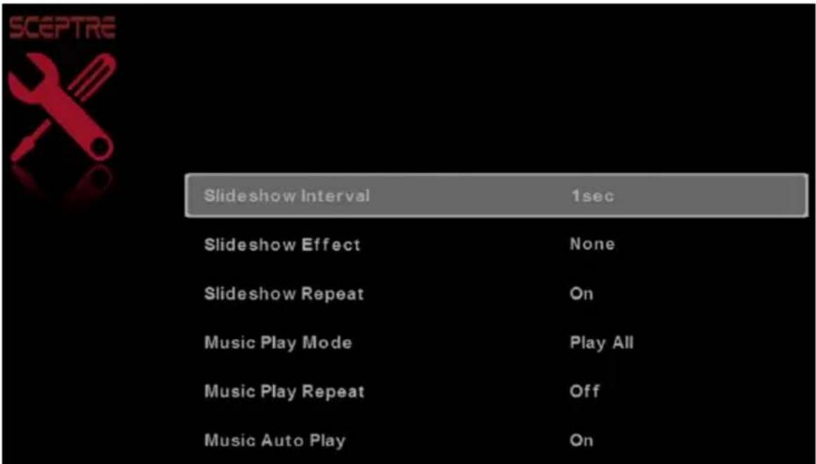 Slideshow Interval 1sec Slideshow Effect None Slideshow Repeat On Music Play Mode Play All Music Play Repeat Off Music Auto Play On