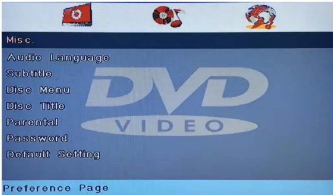 Misc. Audio Language Subtitle Disc Menu Disc Title Parental Password Default Setting Preference Page