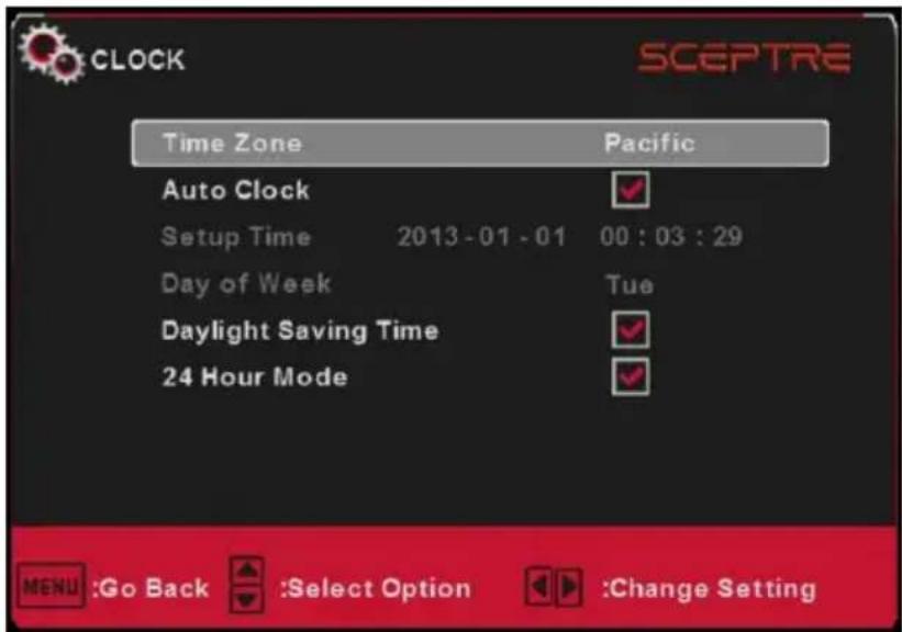 CLOCK SCEPTRE Time Zone Pacific Auto Clock ✓ Setup Time 2013-01-01 00:03:29 Day of Week Tue Daylight Saving Time ✓ 24 Hour Mode ✓ MENU :Go Back Select Option Change Setting