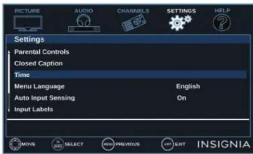 PICTURE AUDIO CHANNELS SETTINGS HELP Settings Parental Controls Closed Caption Time Menu Language English Auto Input Sensing On Input Labels MOVE SELECT MENU PREVIOUS EXIT INSIGNIA