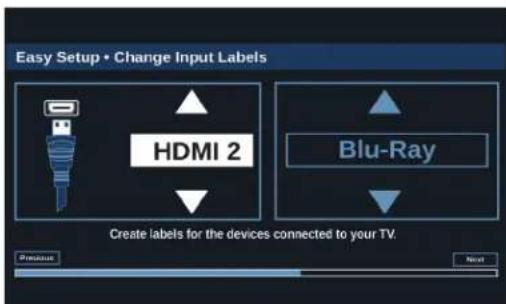 Easy Setup • Change Input Labels HDMI 2 Blu-Ray Create labels for the devices connected to your TV. Previous Next