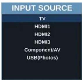 INPUT SOURCE TV HDMI1 HDMI2 HDMI3 Component/AV USB(Photos)