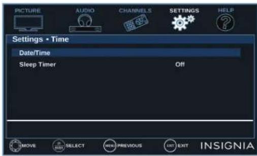 PICTURE AUDIO CHANNELS SETTINGS HELP Settings • Time Date/Time Sleep Timer Off MOVE SELECT NEW PREVIOUS EXIT INSIGNIA