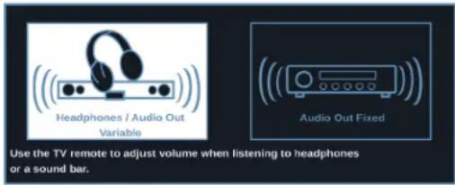 Headphones / Audio Out Variable Audio Out Fixed Use the TV remote to adjust volume when listening to headphones or a sound bar.