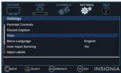 PICTURE AUDIO CHANNELS SETTINGS HELP Settings Parental Controls Closed Caption Time Menu Language English Auto Input Sensing On Input Labels MOVE SELECT MENU PREVIOUS EXIT EXIT INSIGNIA