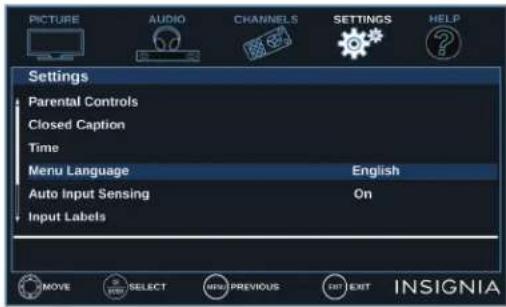 PICTURE AUDIO CHANNELS SETTINGS HELP Settings Parental Controls Closed Caption Time Menu Language English Auto Input Sensing On Input Labels MOVE SELECT NEW PREVIOUS EXIT INSIGNIA