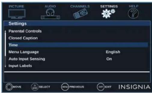 PICTURE AUDIO CHANNELS SETTINGS HELP Settings Parental Controls Closed Caption Time Menu Language English Auto Input Sensing On Input Labels MOVE SELECT MENU PREVIOUS EXIT INSIGNIA