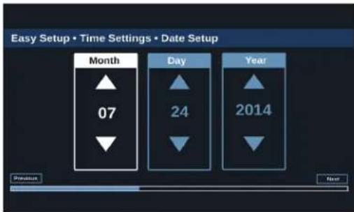 Easy Setup • Time Settings • Date Setup Month 07 Day 24 Year 2014 Preview Next
