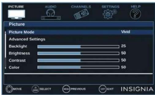 PICTURE AUDIO CHANNELS SETTINGS HELP Picture Picture Mode Vivid Advanced Settings Backlight 25 Brightness 50 Contrast 50 Color 50 MOVE SELECT MEN PREVIOUS EXIT EXIT INSIGNIA
