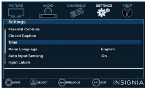 PICTURE AUDIO CHANNELS SETTINGS HELP Settings Parental Controls Closed Caption Time Menu Language English Auto Input Sensing On Input Labels MOVE SELECT NEW PREVIOUS EXIT EXIT INSIGNIA