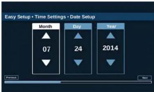 Easy Setup • Time Settings • Date Setup Month 07 Day 24 Year 2014 Previous Next