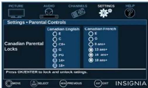 PICTURE AUDIO CHANNELS SETTINGS HELP Settings • Parental Controls Canadian English Canadian French E G 8 ans+ 13 ans+ 16 ans+ 18 ans+ Canadian Parental Locks Canadian Parental Locks 14+ 18+ Press OK/ENTER to lock and unlock ratings. MOVE SELECT MEM PREVIOUS EXP EXIT INSIGNIA
