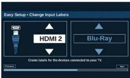 Easy Setup • Change Input Labels HDMI 2 Blu-Ray Create labels for the devices connected to your TV. Previous Next