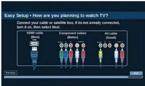 Easy Setup • How are you planning to watch TV? Connect your cable or satellite box, if it's not already connected, turn it on, then select Next. HDMI cable (Best) Component cables (Better) AV cable (Good) Previous Next