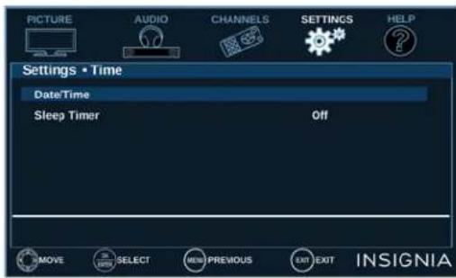 PICTURE AUDIO CHANNELS SETTINGS HELP Settings • Time Date/Time Sleep Timer Off MOVE SELECT NEW PREVIOUS EXIT EXIT INSIGNIA
