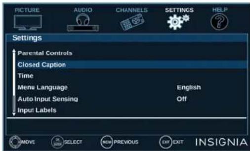 PICTURE AUDIO CHANNELS SETTINGS HELP Settings Parental Controls Closed Caption Time Menu Language English Auto Input Sensing Off Input Labels MOVE SELECT NEW PREVIOUS EXIT EXIT INSIGNIA