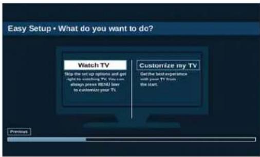 Easy Setup • What do you want to do? Watch TV Skip the set up options and get right to watching TV. You can always press BIDU laser to customize your TV. Customize my TV Get the best experience with your TV from the start. Previous