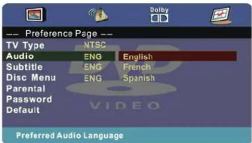Preference Page -- TV Type NTSC Audio ENG English Subtitle ENG French Disc Menu ENG Spanish Parental Password Default Preferred Audio Language