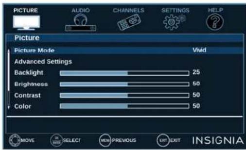 PICTURE AUDIO CHANNELS SETTINGS HELP Picture Picture Mode Vivid Advanced Settings Backlight 25 Brightness 50 Contrast 50 Color 50 MOVE SELECT MENU PREVIOUS EXIT EXIT INSIGNIA
