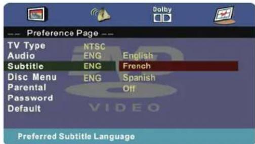 Preference Page -- TV Type NTSC Audio ENG English Subtitle ENG French Disc Menu ENG Spanish Parental Off Password Default VIDEO Preferred Subtitle Language
