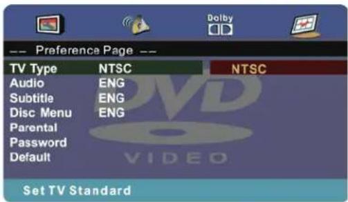 Preference Page -- TV Type NTSC NTSC Audio ENG Subtitle ENG Disc Menu ENG Parental Password Default Set TV Standard