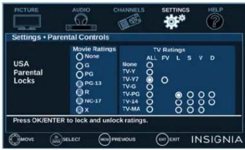 PICTURE AUDIO CHANNELS SETTINGS HELP Settings • Parental Controls Movie Ratings None G PG PG-13 R NC-17 X TV Ratings ALL FV L S V D None TV-Y TV-Y7 TV-G TV-PG TV-14 TV-MA Press OK/ENTER to lock and unlock ratings. INSIGNIA