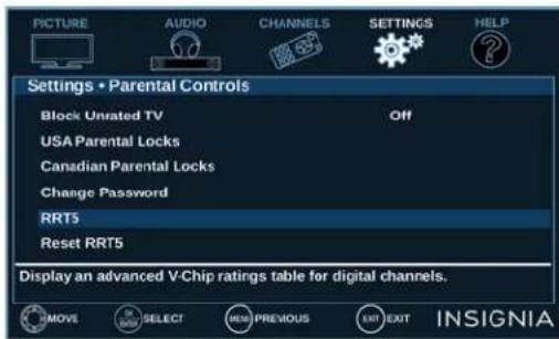 PICTURE AUDIO CHANNELS SETTINGS HELP Settings • Parental Controls Block Unrated TV Off USA Parental Locks Canadian Parental Locks Change Password RRT5 Reset RRT5 Display an advanced V-Chip ratings table for digital channels. INNSIGNIA
