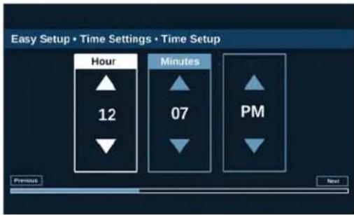 Easy Setup • Time Settings • Time Setup Hour 12 Minutes 07 PM Previous Next