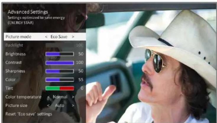 Advanced Settings Settings optimized to save energy (ENERGY STAR) Picture mode < Eco Save > Backlight 100 Brightness 50 Contrast 100 Sharpness 50 Color 55 Tint 0 Color temperature < Normal > Picture size < Auto > Reset "Eco save" settings