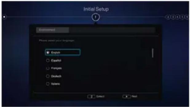 Initial Setup 1 Environment Please power your language: English Spanish Foreign Deutsch Sistema Select Next