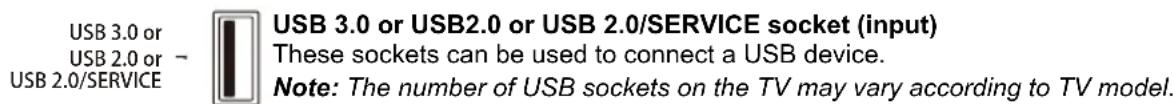 USB 3.0 or USB 2.0 or - USB 2.0/SERVICE USB 3.0 or USB2.0 or USB 2.0/SERVICE socket (input) These sockets can be used to connect a USB device. Note: The number of USB sockets on the TV may vary according to TV model.