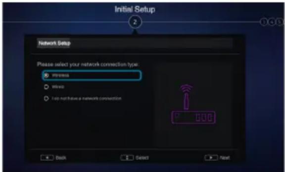 Initial Setup Network Setup Please select your network connection type: wireless miscellaneous I do not have a network connection Back Select Next