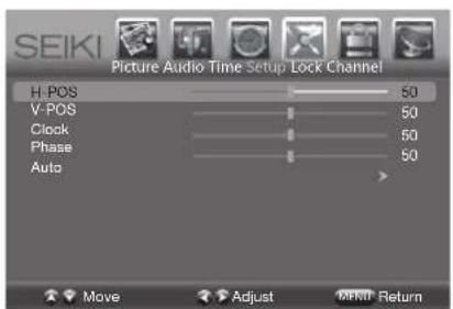 SEIKI Picture Audio Time Setup Lock Channel H-POS 50 V-POS 50 Clock 50 Phase 50 Auto Move Adjust MENU Return