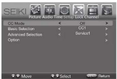 SEIKI Picture Audio Time Setup Lock Channel CC Mode Basic Selection Advanced Selection Option Off CC1 Service1 Move Select MENU Return