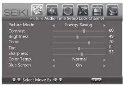 SEIKI Picture Audio Time Setup Lock Channel Picture Mode Energy Saving Contrast 60 Brightness 49 Color 70 Tint 0 Sharpness 55 Color Temp. Normal Blue Screen On Select Move Exit MENU