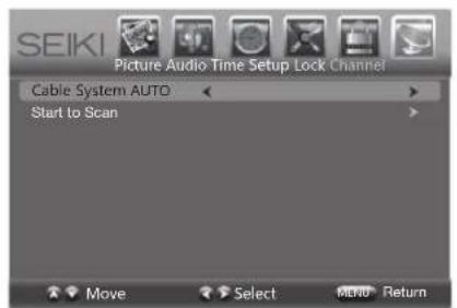 SEIKI Picture Audio Time Setup Lock Channel Cable System AUTO Start to Scan Move Select Output Return