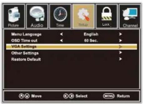 Picture Audio Time Setup Lock Channel Menu Language English OSD Time out 60 Sec. VGA Settings Other Settings Restore Default Move Select MENU Return