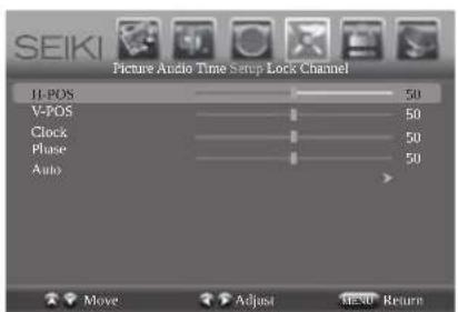 SEIKI Picture Audio Time Setup Lock Channel I1-POS 50 V-POS 50 Clock 50 Phase 50 Auto Move Adjust MENU Return
