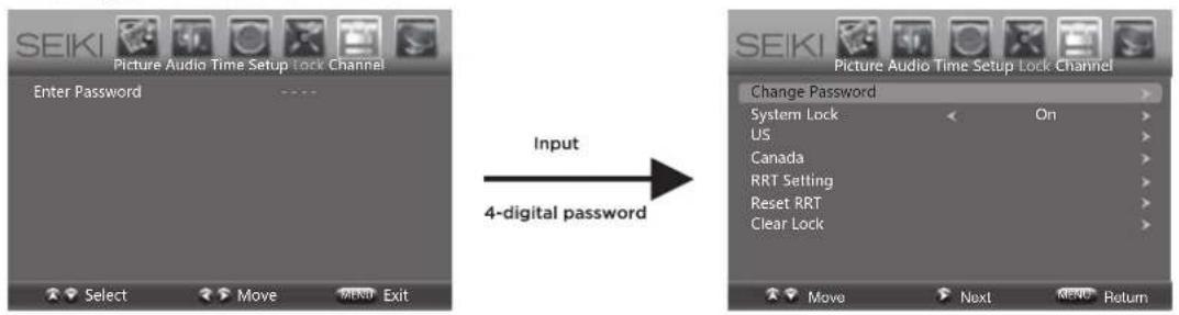 SEIKI Picture Audio Time Setup Lock Channel Enter Password Select Move MEND Exit Input 4-digital password SEIKI Picture Audio Time Setup Lock Channel Change Password System Lock On US Canada RRT Setting Reset RRT Clear Lock Move Next MEND Return
