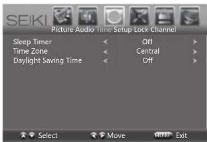 SEIKI Picture Audio Time Setup Lock Channel Sleep Timer Off Time Zone Central Daylight Saving Time Off Select Move MERD Exit