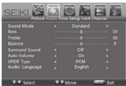 SEIKI Picture Audio Time Setup Lock Channel Sound Mode Standard > Bass 50 Treble 50 Balance 0 Surround Sound Off > Auto Volume On > SPDIF Type PCM > Audio Language English > Select Move MENU Exit
