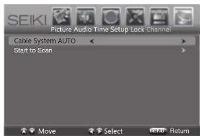 SEIKI Picture Audio Time Setup Lock Channel Cable System AUTO Start to Scan Move Select Manual Return