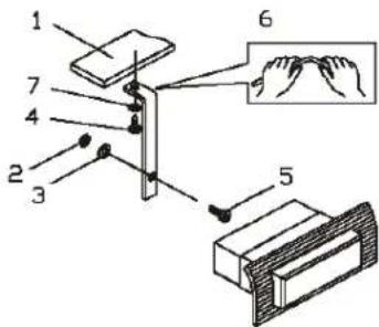 Diagram of a mechanical assembly with numbered components and a magnified inset showing hand gesture application