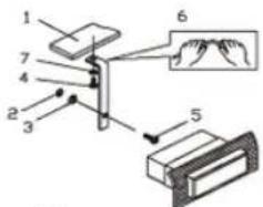 Diagram of a mechanical or electrical device with numbered components and labeled parts, including hand gestures and a magnified inset.