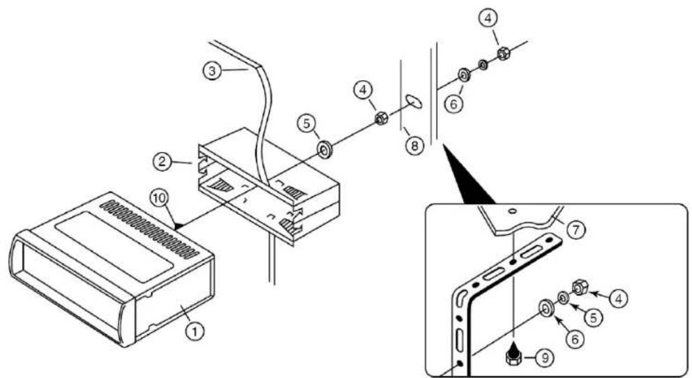 Technical diagram of an electronic device with numbered components and a magnified view showing internal structure details.