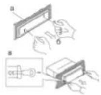 Technical diagram showing two-step assembly process: one with labeled parts (a, b, c) and another with a magnified view of a mechanical component.