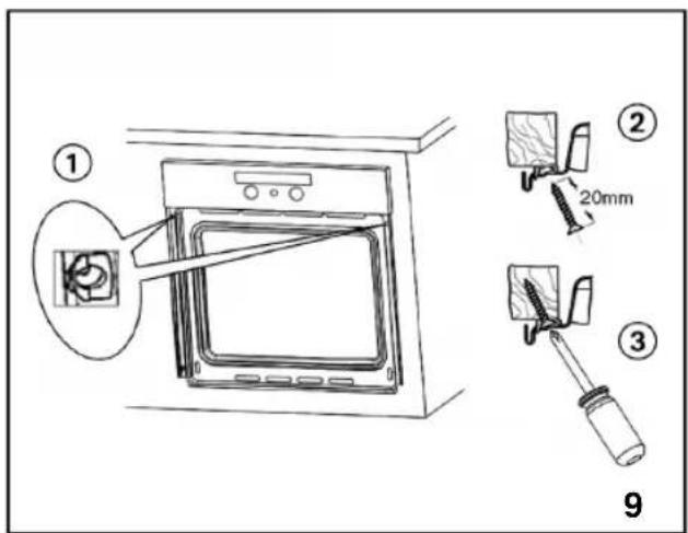 Diagram showing a kitchen oven with labeled parts and a 20mm scale indicator, including steps ①, ②, and ③.