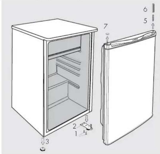 Technical diagram of a refrigerator with labeled parts and internal compartments, showing front and side views with numbered annotations.